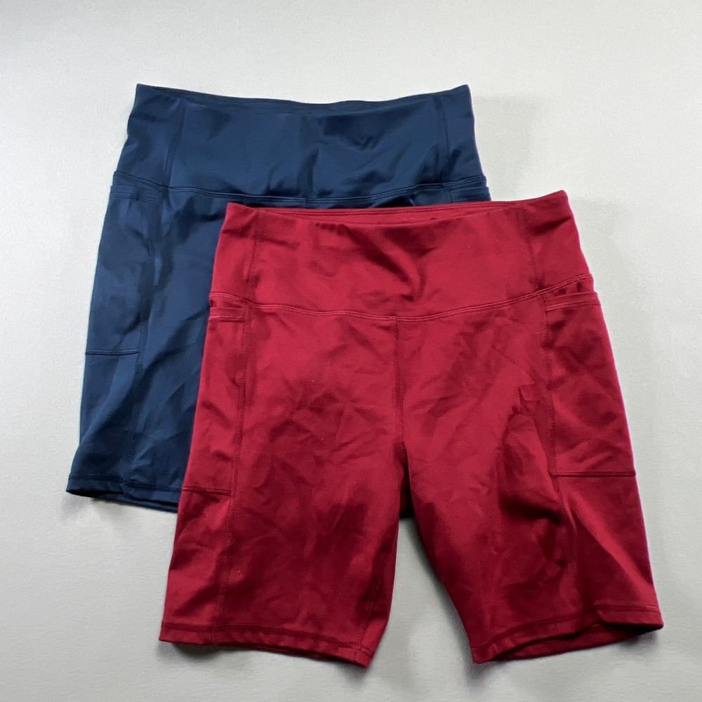 Set Of 2 Athletic Works Compression Bike Shorts Womens M 8-10 Red Blue Workout